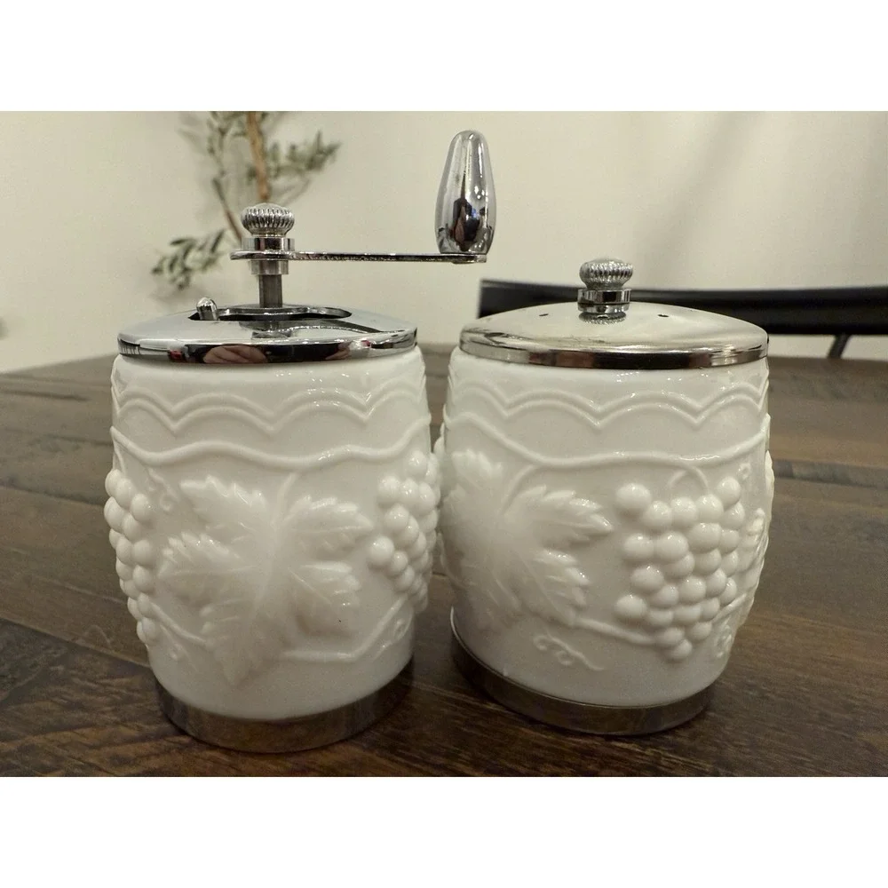 Vtg George Thompson Milk Glass Salt & Pepper Set Grape And Leaves Pattern Chrome